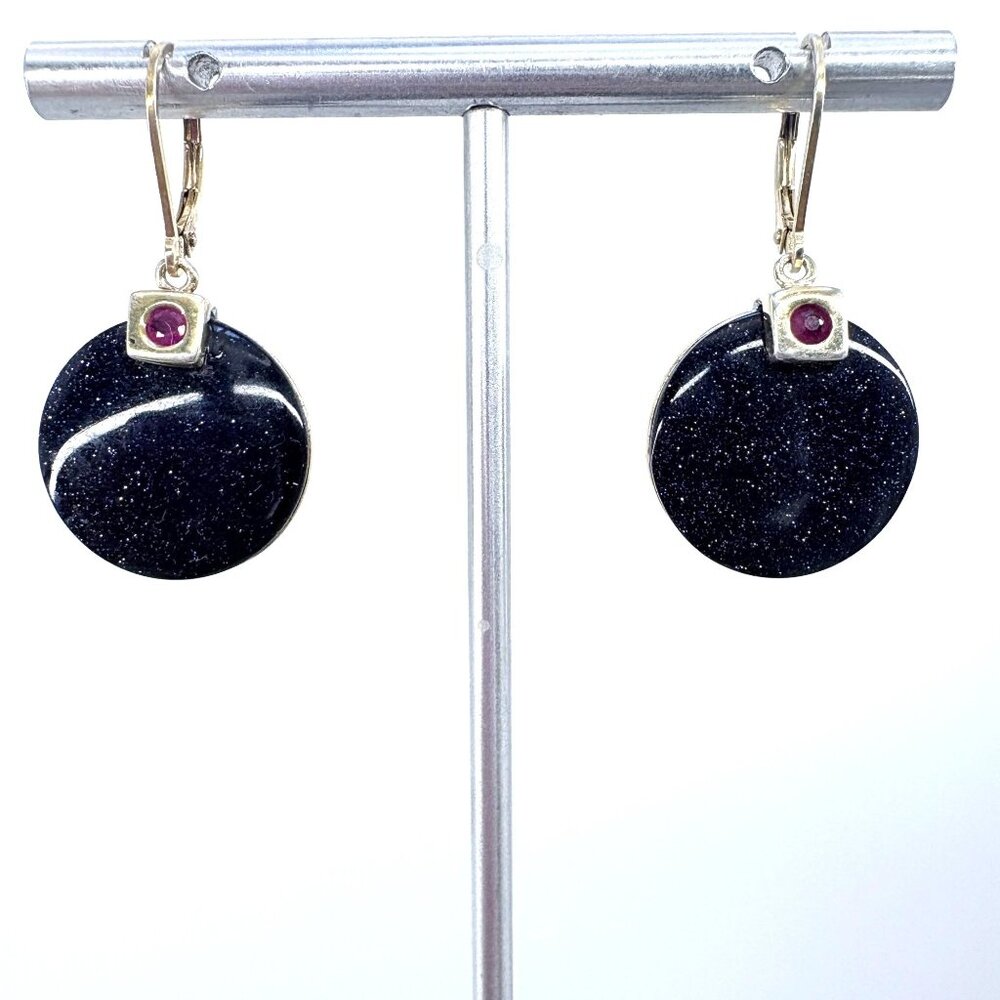 Navy Blue Gold Stone Night Sky Dangle Earrings Ruby Accents VTG Sterling Silver